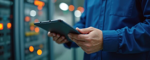 Man in blue uniform holds tablet computer in control room with blinking lights. He checks data on screen. Technician monitors industrial process. Worker uses tech device.