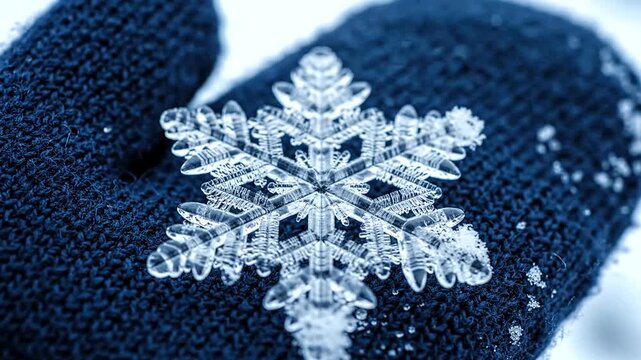 Close-up of a snowflake resting on a dark mitten in a winter landscape