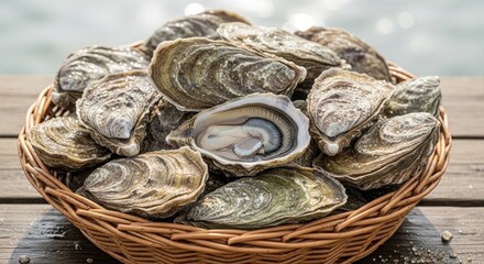 Obraz premium Fresh oyster harvest in a wicker basket, offering a culinary seafood delicacy experience
