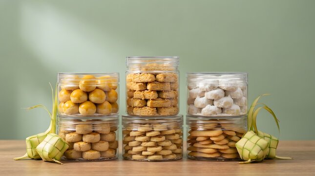Assortment of traditional Indonesian Eid cookies in glass jars with ketupat.