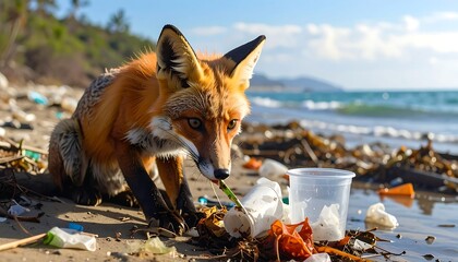 Fox scavenging through plastic waste on a polluted beach, highlighting environmental degradation