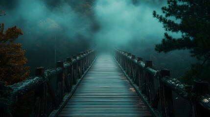 Fototapeta premium A wooden bridge disappears into the fog, surrounded by a dark and mysterious forest.