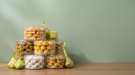 Stack of various traditional Indonesian cookies in jars for Eid al-Fitr celebration with copy space.