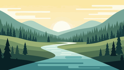 Serene Mountain Landscape with Winding River and Sunlit Sky © ZAK