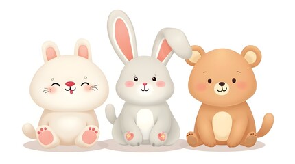 Obraz premium Adorable kawaii style illustration featuring cute animal friends such as bunny, bear, and cat. Soft pastel colors, simple shapes, and sweet expressions. Perfect for children’s designs, stickers, nurse