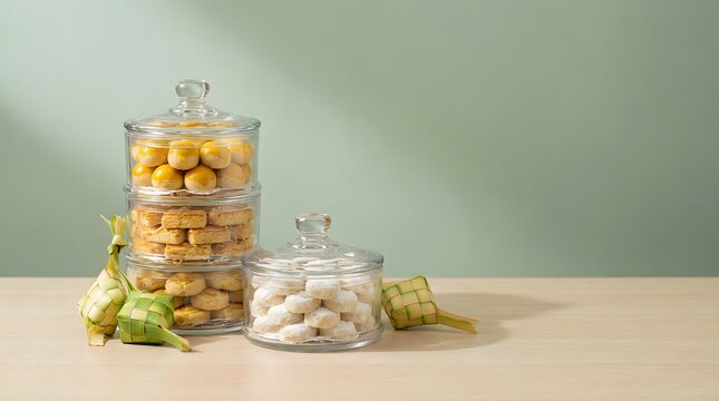Traditional Hari Raya cookies like pineapple tarts and kuih bangkit in glass jars with ketupat decorations.