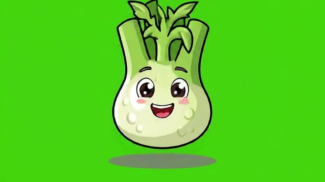 Joyful Celery Root Character Animated with Green Stems and Happy Face Isolated on Vibrant Chroma Key Background