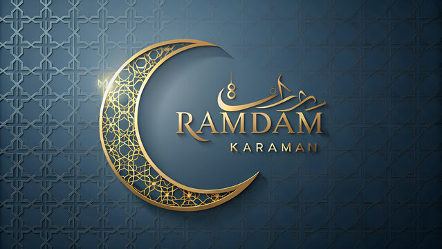 Golden ornate crescent moon on a blue geometric pattern background for ramadan karaman