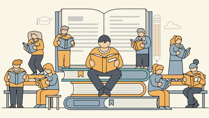Illustration of people reading books while sitting on stacks of books, representing education, learning, and knowledge sharing, in a stylized graphic art style