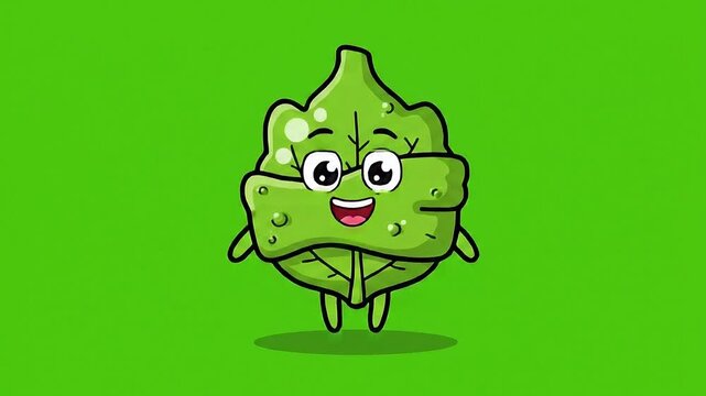 Happy Cartoon Leaf Character Jumps With Joy Against A Vibrant Green Screen Background