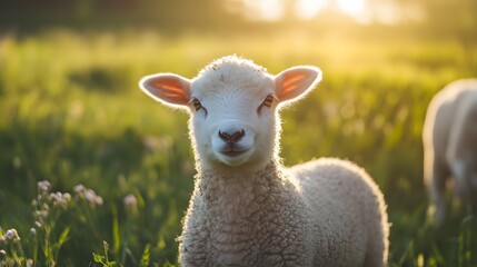 Naklejka premium A young lamb stands in a green field with the sun shining in the background.