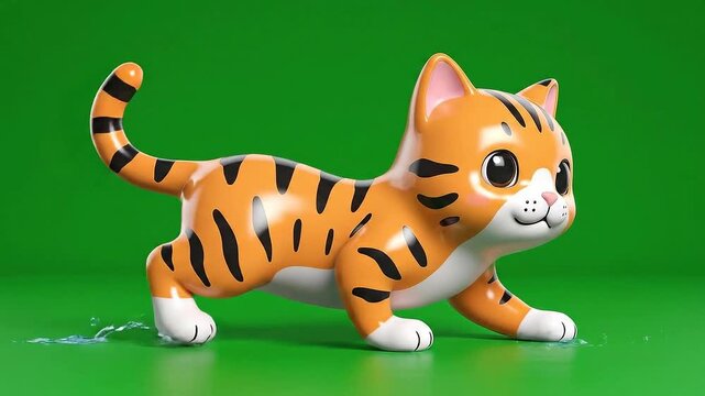 Adorable 3D Render of a Cute Orange Tiger Cat Kitten With Black Stripes Playing With Water Splashes Isolated on a Vibrant Green Screen Background