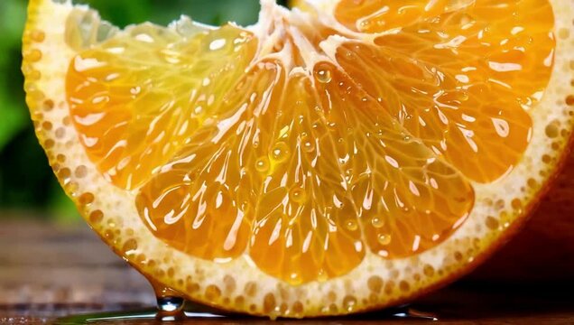 Close-up of a juicy orange slice with a drop of water falling.