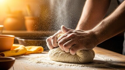 A person kneading dough on a floured surface in a warm kitchen