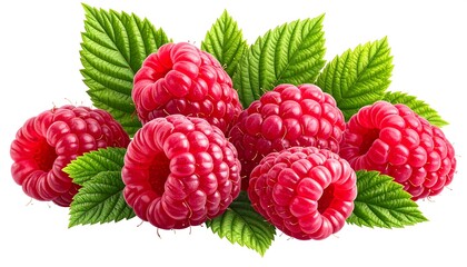 Fresh and vibrant raspberries with green leaves isolated on a white background
