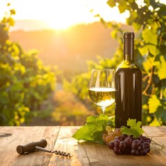 A wine bottle and glass, alongside grapes, sit atop a wood surface, with a vineyard at sunset in the background