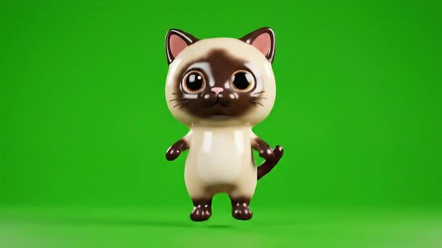 Adorable Cartoon Siamese Cat Character with Big Expressive Eyes and Dark Brown Markings Standing and Waving on a Vibrant Green Screen Background