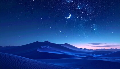Fototapeta premium A breathtaking panoramic view of a vast, tranquil desert landscape under a majestic, star-studded night sky with a shimmering crescent moon