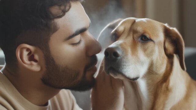 Man Gently Blowing on Dog's Ear. Pet Couples Moments. A high-quality close-up candid photograph of a man's face gently blowing a light puff of air onto the ear of his dog a silly intimate moment.
