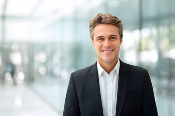 Fototapeta premium corporate portrait of business executive smiling at camera in professional office setting, copy space with soft blur