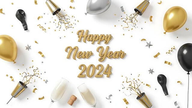 Happy new year 2024 celebration background with gold balloons confetti champagne glasses and poppers - Powered by Adobe