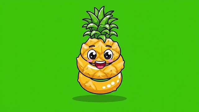Happy Pixel Art Pineapple Character Wears Ring Isolated on Green Screen Background