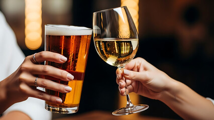 Cheers with beer and wine glasses celebrating good times and friendship, close up shot