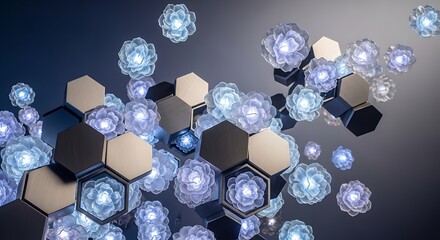 Abstract floral hexagonal pattern with glowing elements on a dark gradient background