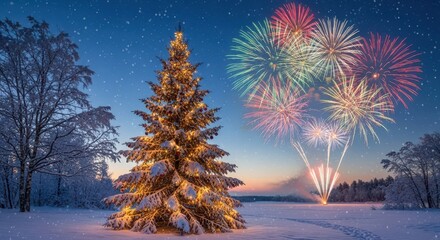 Festive winter night scene featuring a lit tree and colorful fireworks display