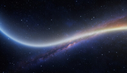 Distant cosmic arc over a blue planet.