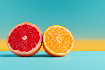 two half of red grapefruit and orange paper with copy space against pastel blue background. abstract art. minimalism