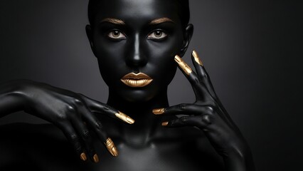 Woman with black body paint gold lips.