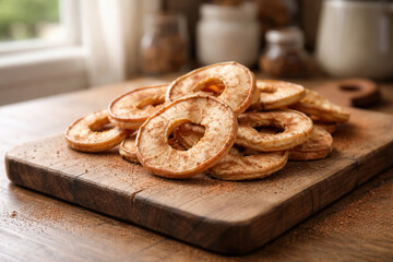 Pile Of Dried Apple Rings Sprinkled With Cinnamon On Rustic Wooden Cutting Board