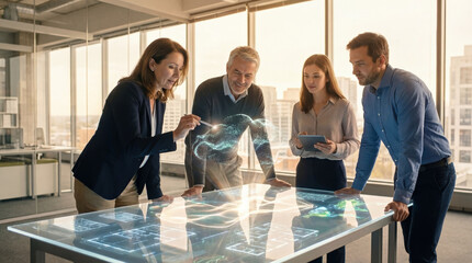 Business professionals using interactive holographic table
