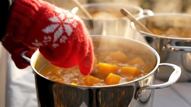 Close-up of steaming orange vegetable soup in a stainless steel pot outdoors, with a person in a red mitten stirring on a sunny day.