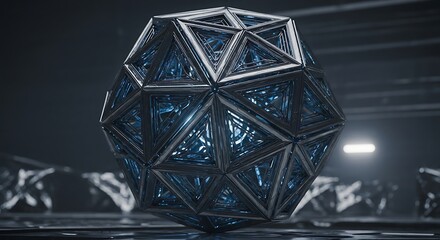 Abstract futuristic geometric sphere with interconnected triangles and blue glow
