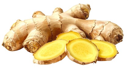 Fresh ginger root and slices showcasing its vibrant color and texture in detail