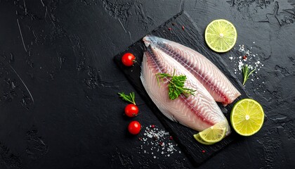 Fresh fish fillets with ingredients on a black textured background, top view