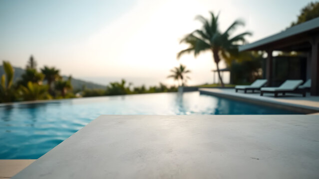 Luxury Resort Infinity Pool with Sunset Beach Background for Product Placement Scene