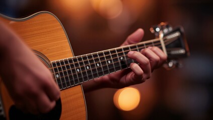 Naklejka premium Hands playing acoustic guitar with warm cinematic bokeh background