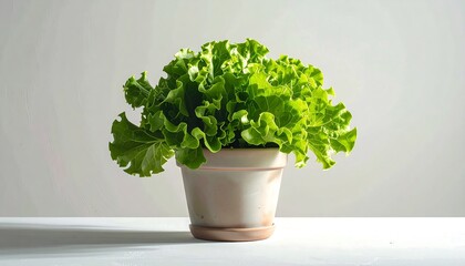 Fresh green leaf lettuce growing in a flowerpot, against a plain white background