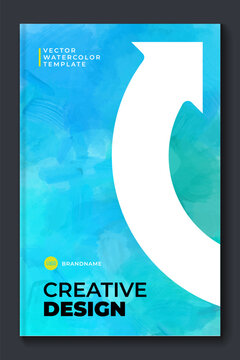 Watercolor blue cyan A4 booklet colorful cover layout template with white arrows