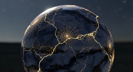 Abstract globe with golden crack lines and star background
