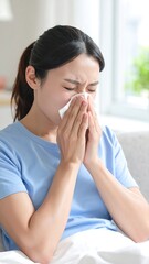 A woman, eyes closed, holds tissue to her nose, possibly from cold or allergies, indoors with blurred background