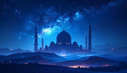 Enigmatic mosque silhouetted against a breathtaking cosmic night, glowing with spiritual energy above serene blue dunes, a captivating journey of wonder and tranquility