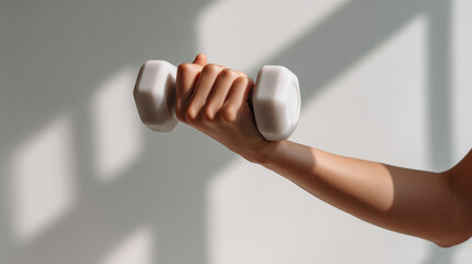 female hand holding dumbbell, strength training workout, fitness motivation concept
