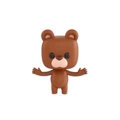 Fototapeta premium Cute 3D render Little Bear character standing with arms spread in a surprised reaction, isolated on white background.