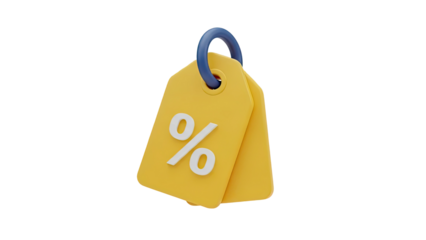 3D Yellow Tag with Percent Symbol and Blue Loop on transparent background