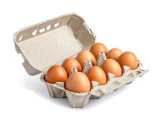 Fresh organic brown eggs in a carton isolated on white background ready to use