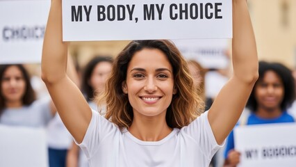 Empowered woman holding banner advocating for individual autonomy and reproductive rights during a